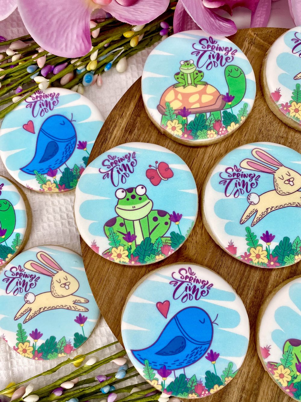Vanilla Sugar Cookies with Spring Time Images featuring a colorful Turtle, Frog and Blue Bird with a Spring Time message.